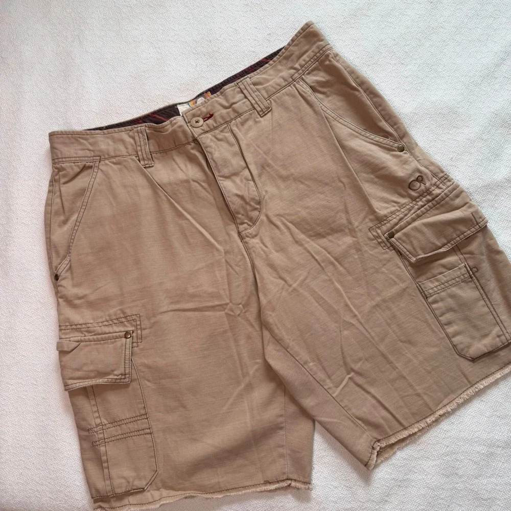 Ocean Pacific Mens Cargo Shorts Tan Khaki Ripstop Frayed Hem Utility Casual OP